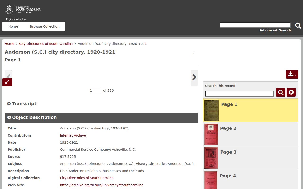 Anderson County city directory 1917-1918 digital collection screen