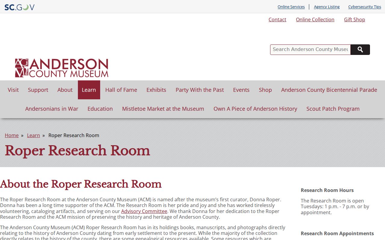 Anderson County previous residents Roper Research Room directory source