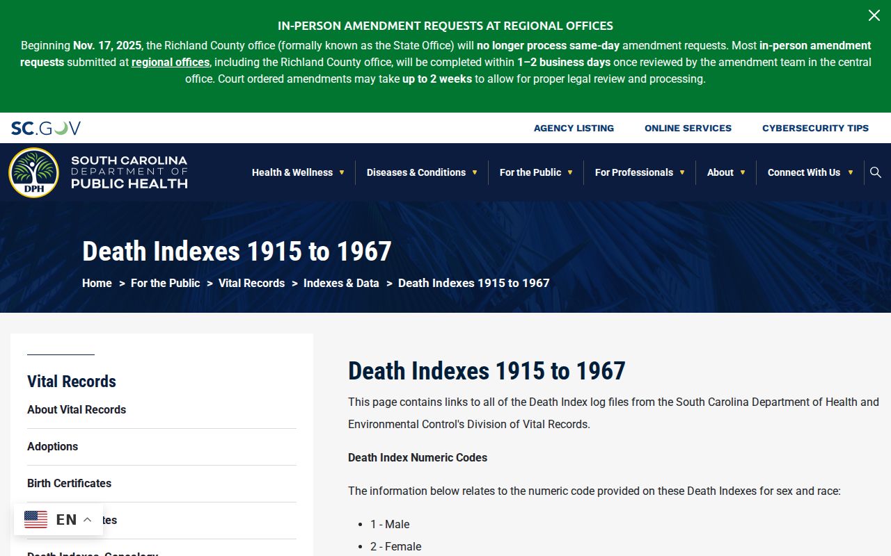Anderson County resident lookup DPH historic death indexes page