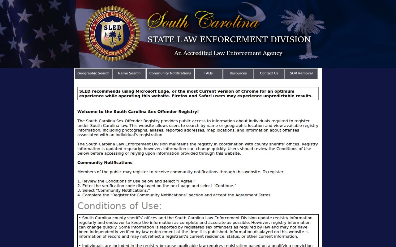 Anderson County resident lookup SLED registry conditions page